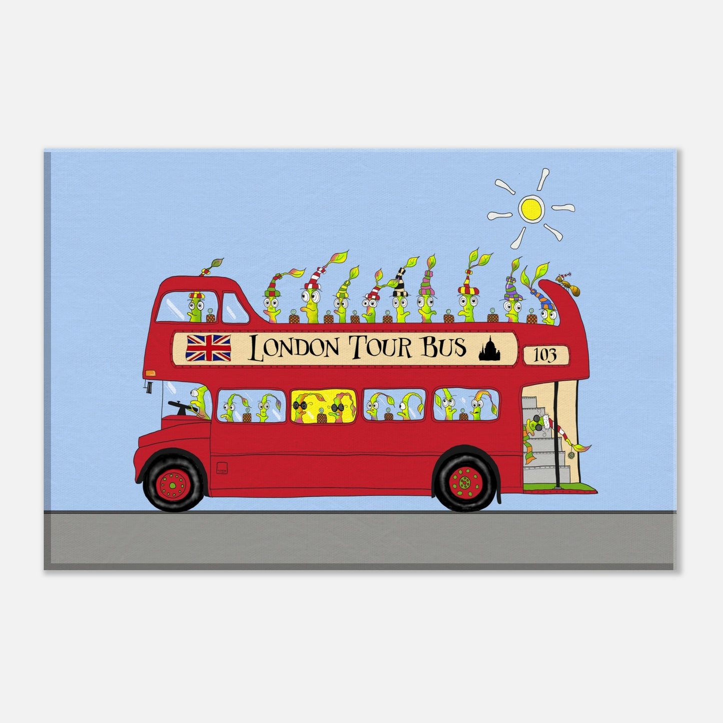 The Angry Bulbs are seen enjoying a Tour on a London Tour Bus. Dean Reeve Art prints and originals