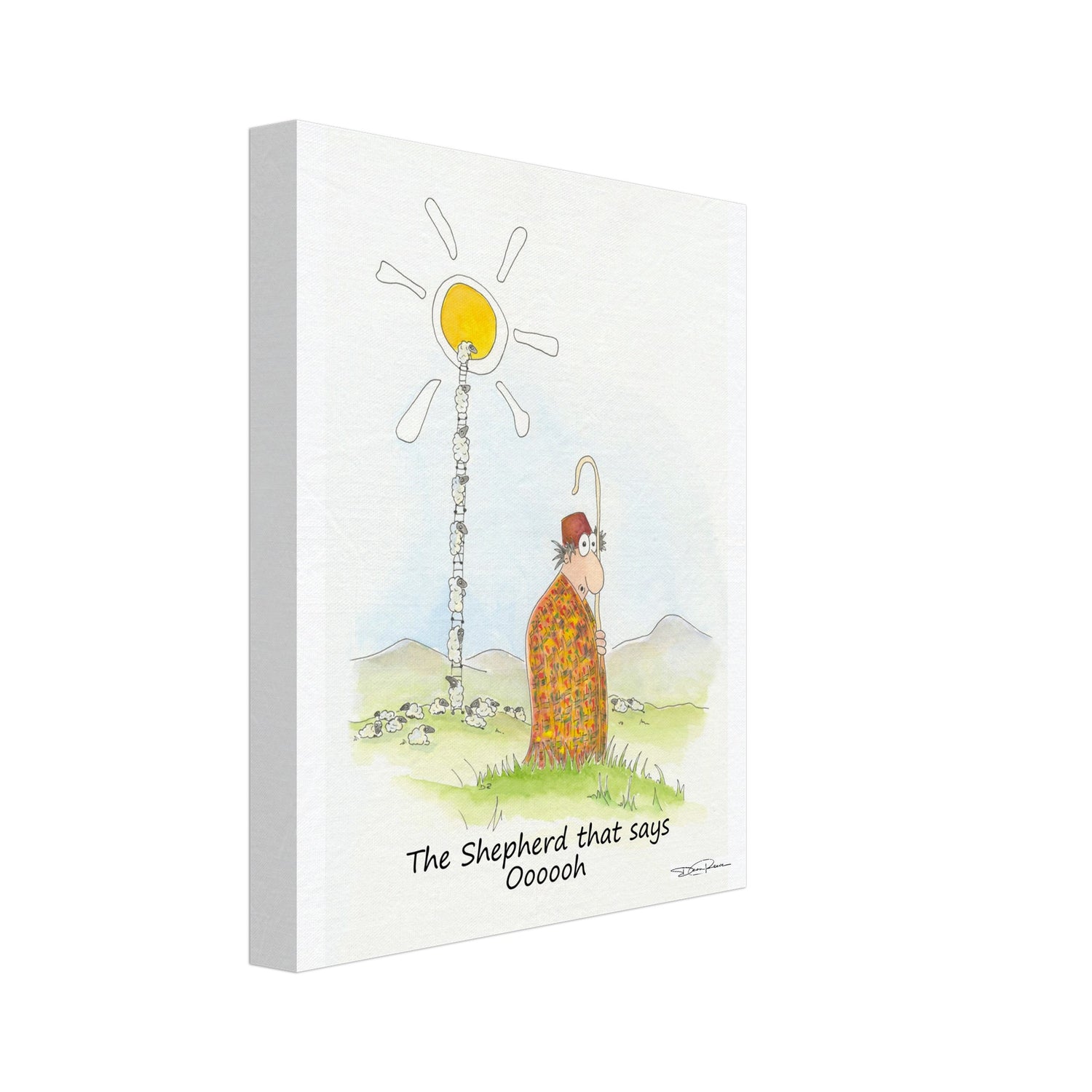 The Shepherd that says "Oooooh" He is here forgetting to look after his sheep that have decided it is their time to climb off into the sun. Dean Reeve Art prints and originals.