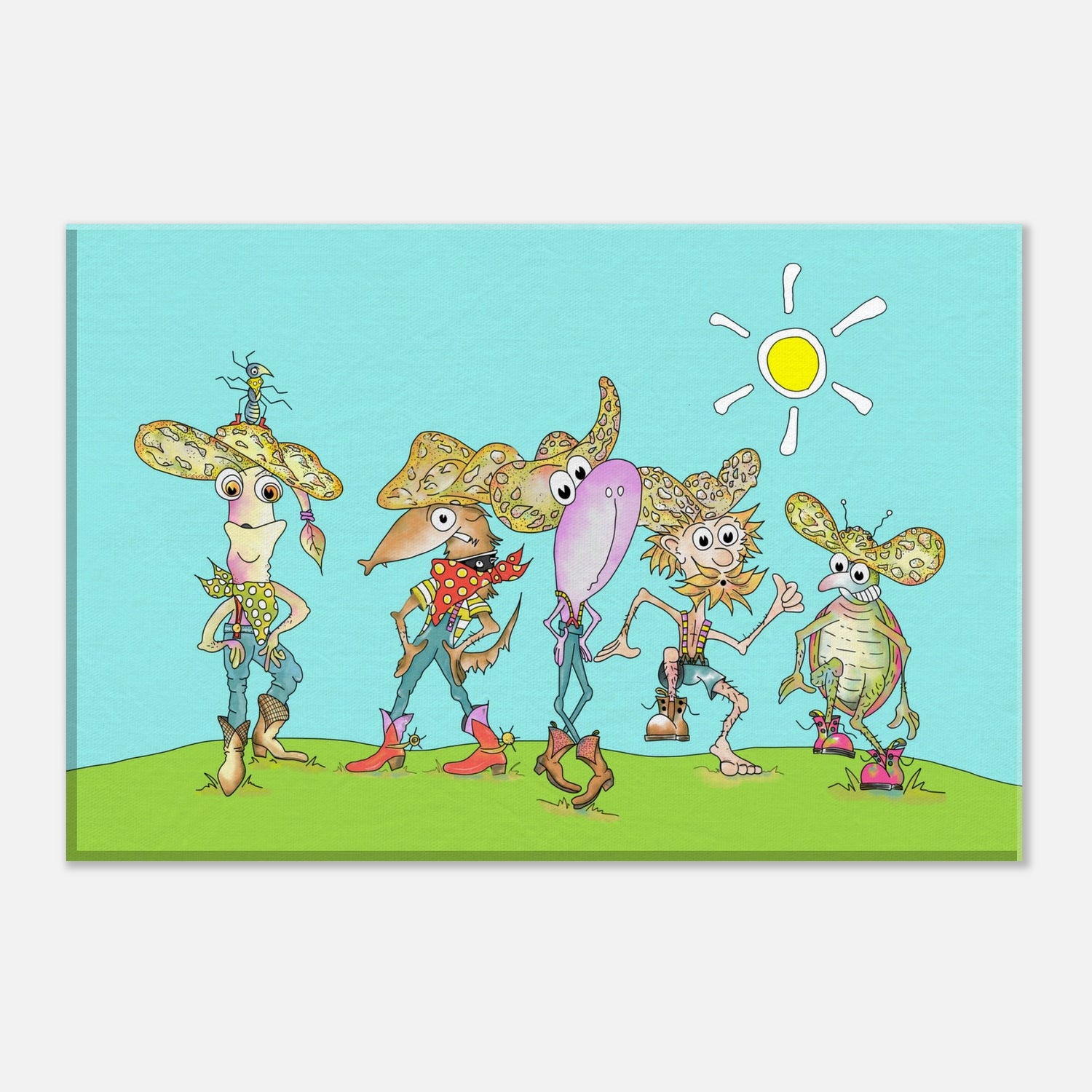 The Crisp Hat Cowboys are line dancing in the sun. Dean Reeve Art prints and originals.