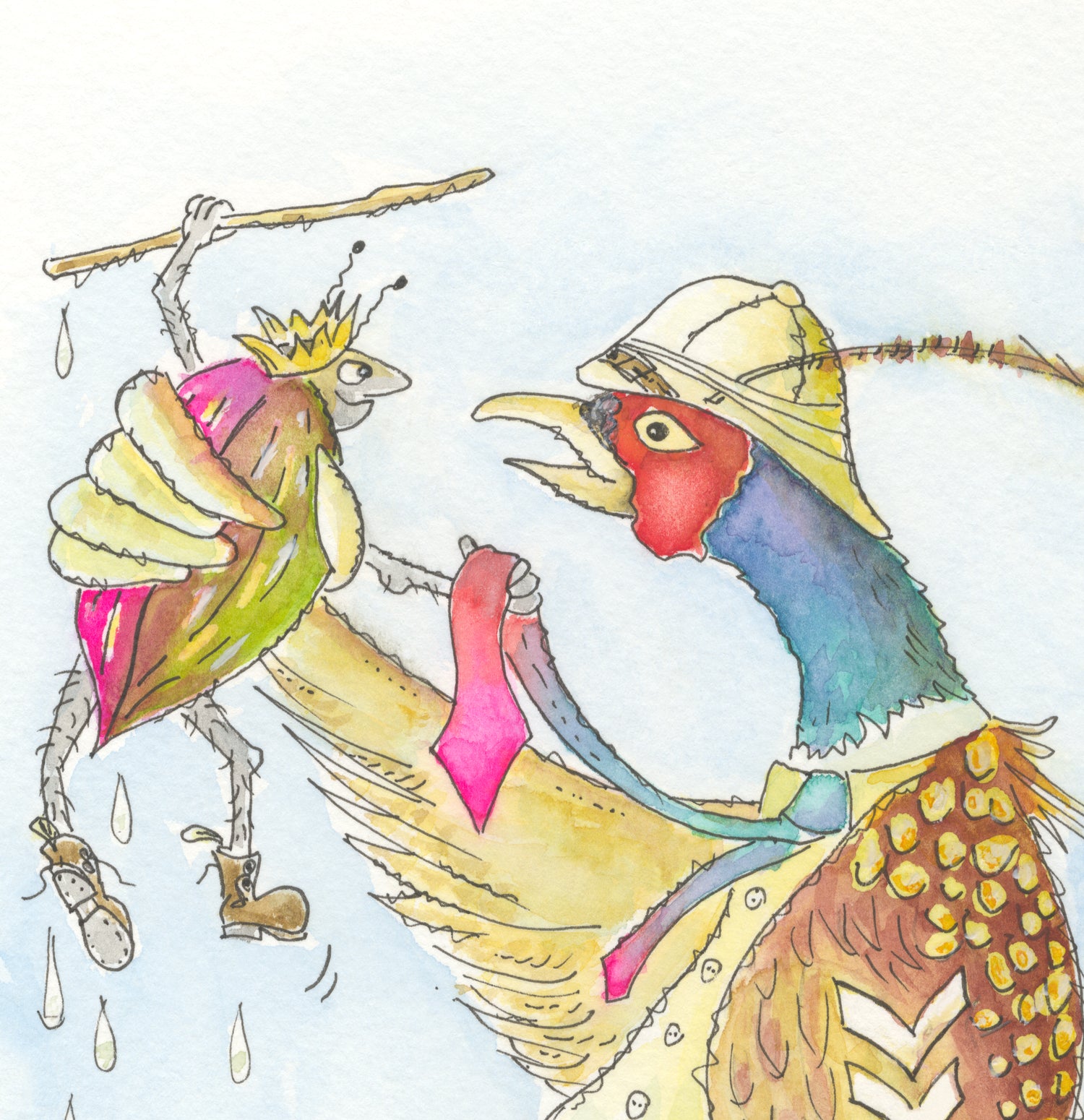 The Unpleasant Pheasant is telling King Beetle Bug that he is a fish. Dean Reeve Art Prints and originals